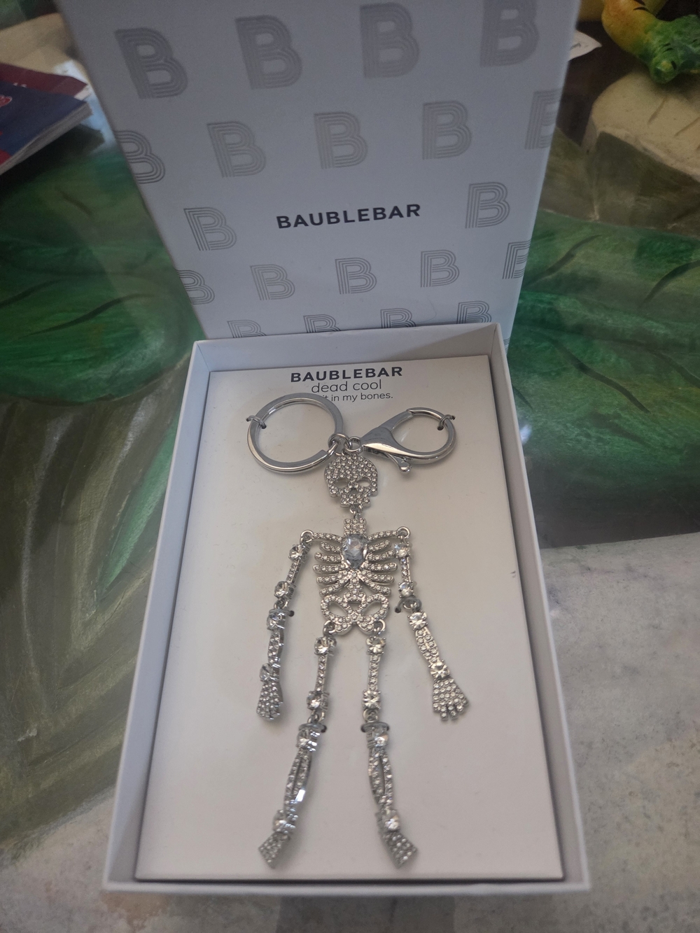 NIB BaubleBar Silver Crystal Skeleton Keychain Keyring - Dead Cool